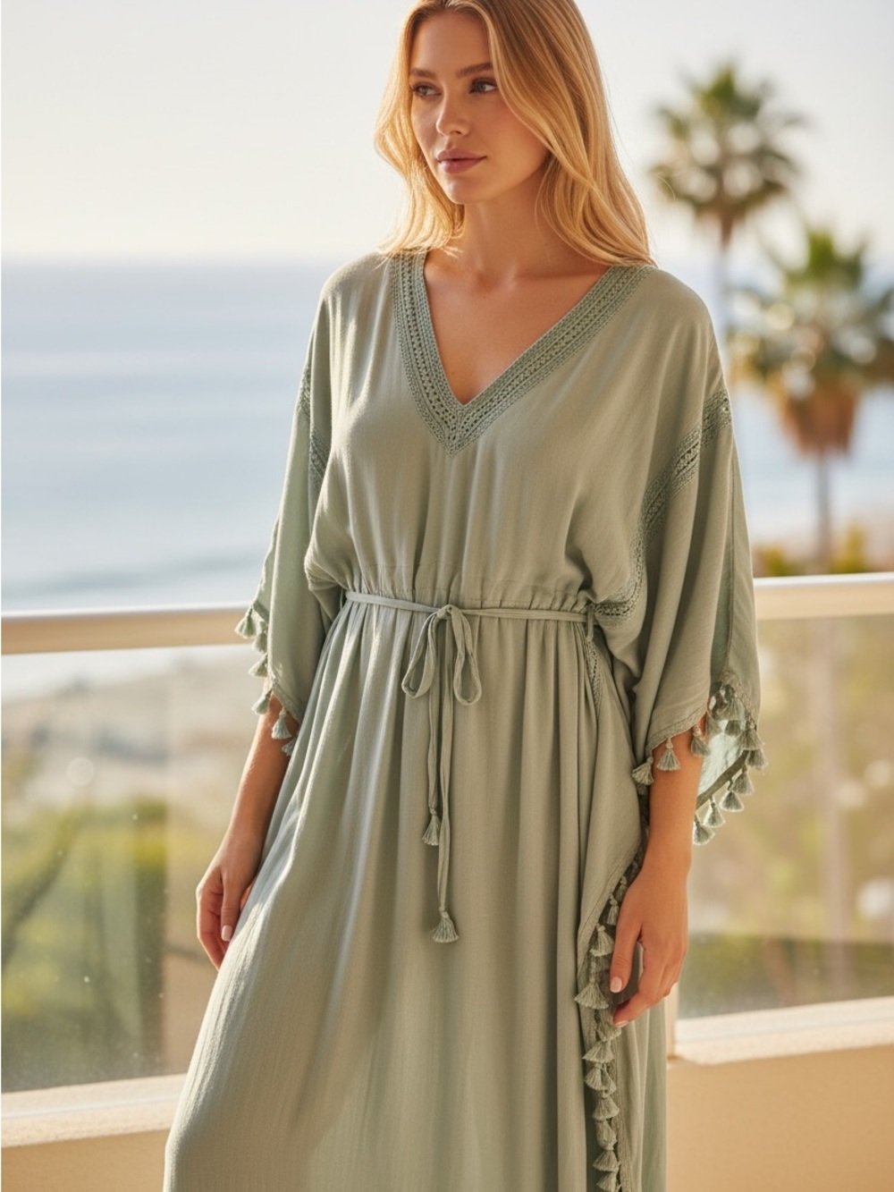 B17 Easel Sage Green Dress with Lace Trim